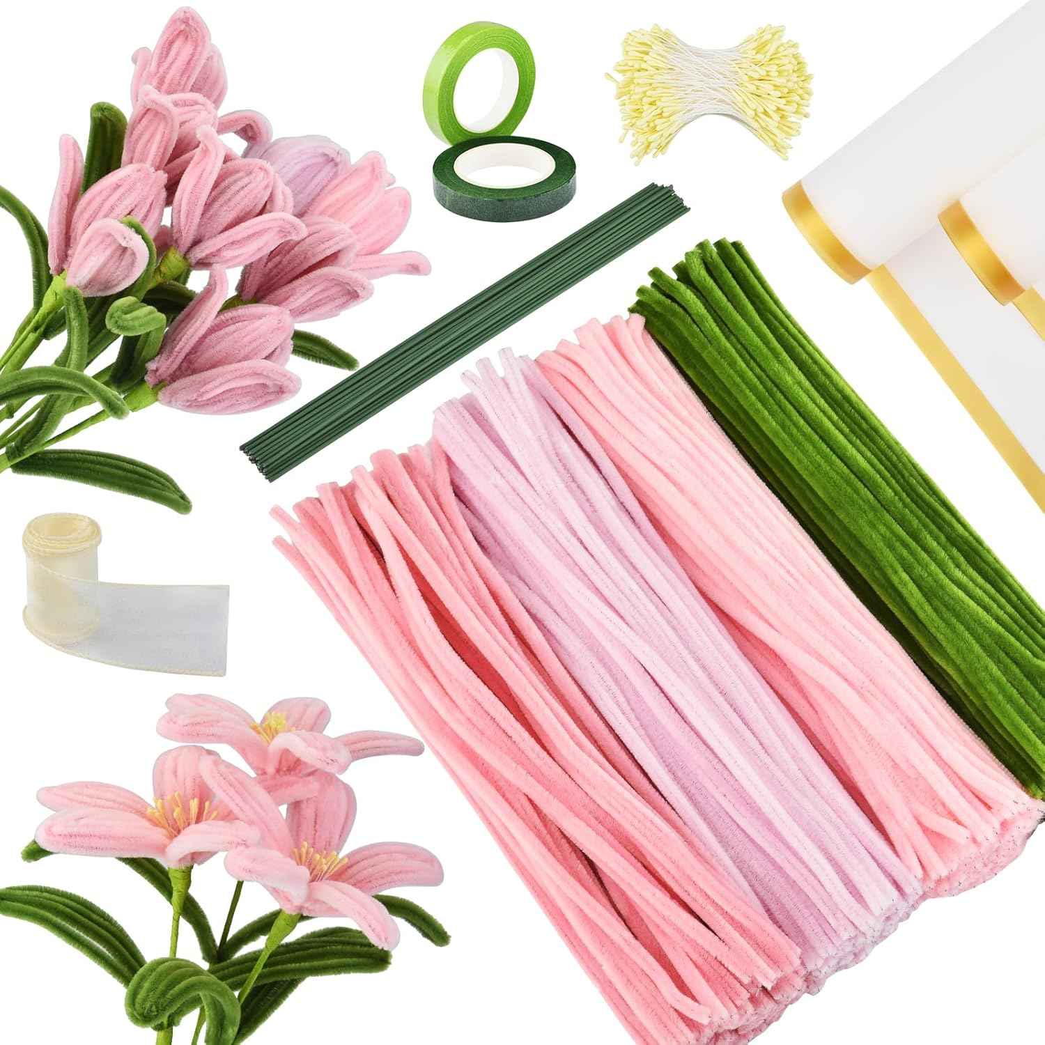 400 PCS Chenille Stems Assorted Colors – Pipe Cleaners Bulk for DIY Crafts & Flowers, Pipe Cleaners Craft Kit with Floral Wires, Gardening Tape, Wrapping Paper, Stamen & Ribbon for Bouquets