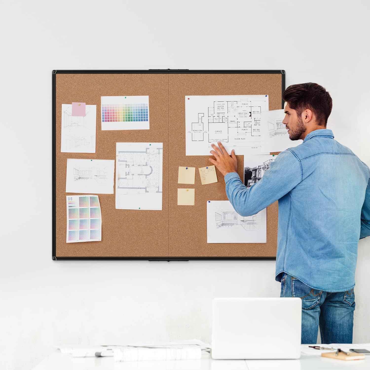 Board2by Extra Large Cork Bulletin Board 48" X 48", Foldable Notice Pin Board for Wall, Black Aluminum Framed 4'x4' Corkboard, Wall Mounted Noticeboard with 36 Push Pins for School, Home & Office
