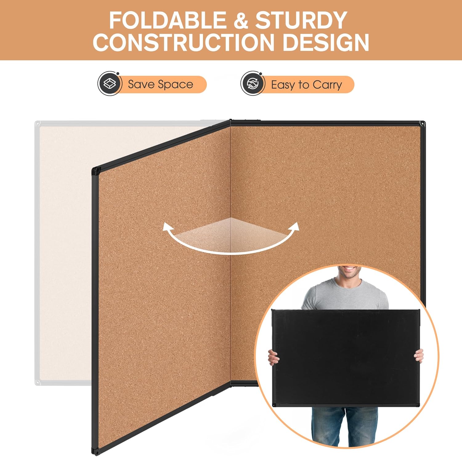Board2by Extra Large Cork Bulletin Board 60" X 48", Foldable Notice Pin Board for Wall, Black Aluminum Framed 5'x4' Corkboard, Wall Mounted Noticeboard with 36 Push Pins for School, Home & Office - Lumora Desk