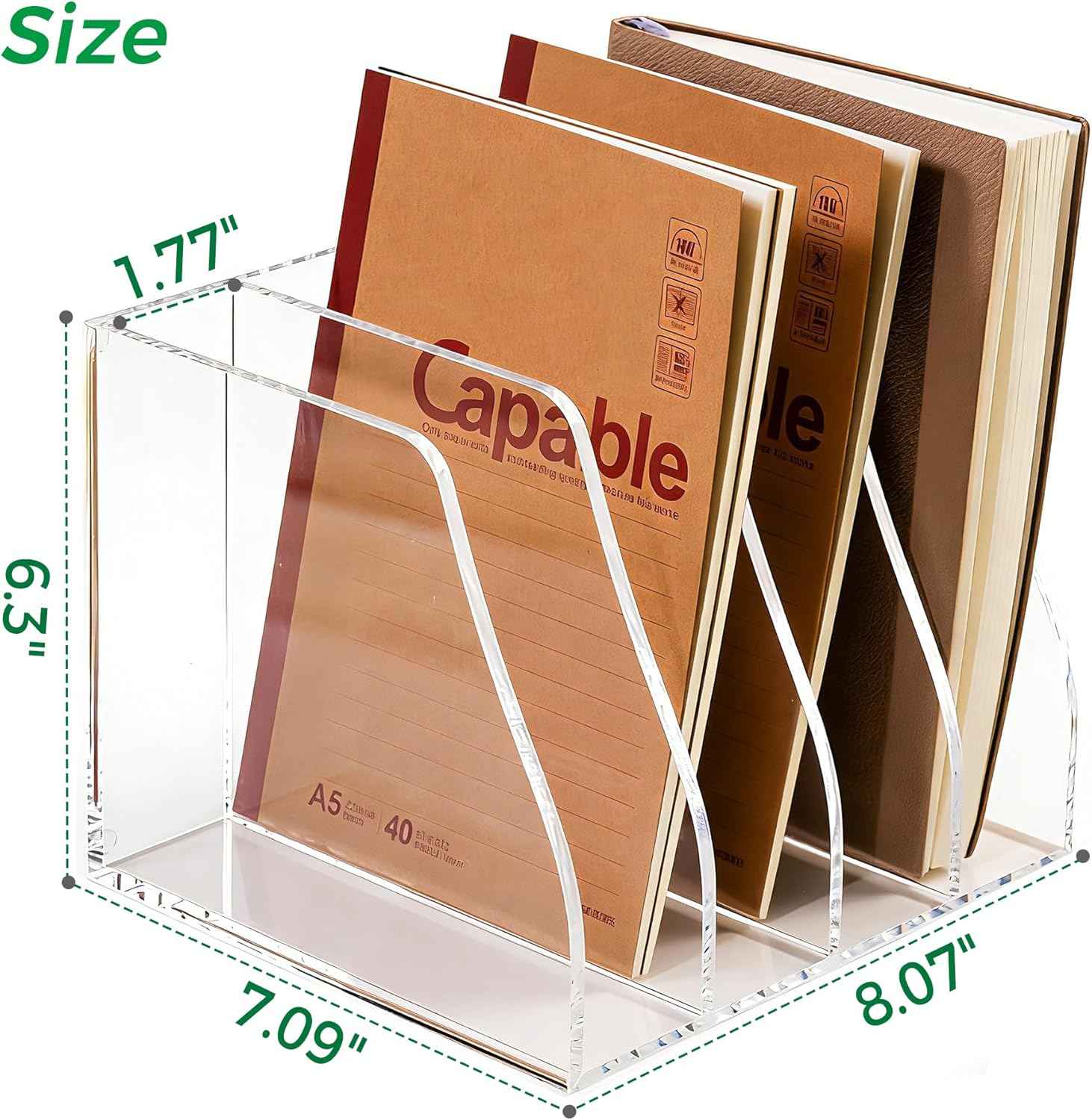 Acrylic Magazine File Holder, 4 Vertical Compartments Desk Document Sorter Organizer, Clear Folder Rack Binder for Office/Home/Classroom, for Documents, Tablet, Magazines, Books & Accessories