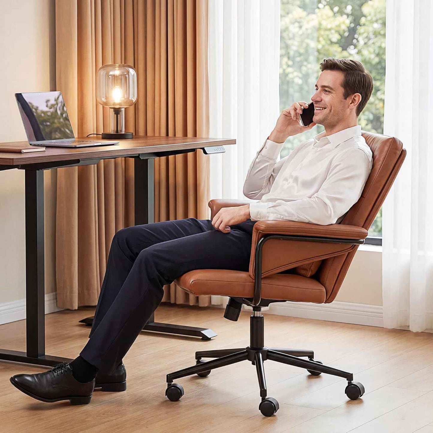 Leather Office Chair, Mid Back Ergonomic Desk Chair with Lumbar Support, Modern Computer Chair with Padded Armrest &Wheels, Height Adjustable Swivel Chair with Tilt Lock (Brown)