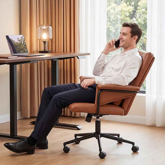 Leather Office Chair, Mid Back Ergonomic Desk Chair with Lumbar Support, Modern Computer Chair with Padded Armrest &Wheels, Height Adjustable Swivel Chair with Tilt Lock (Brown)