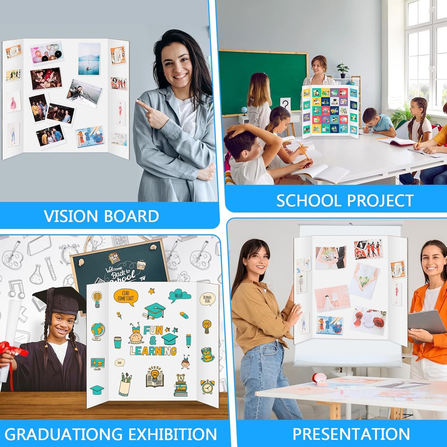 4 Pack Trifold Poster Board 48" X 36", IKAYAS Single sided White Poster Boards, Science Fair Display Boards Posterboard Foamboard for Mounting, Prints,Art,Display,Projects Classroom Supplies