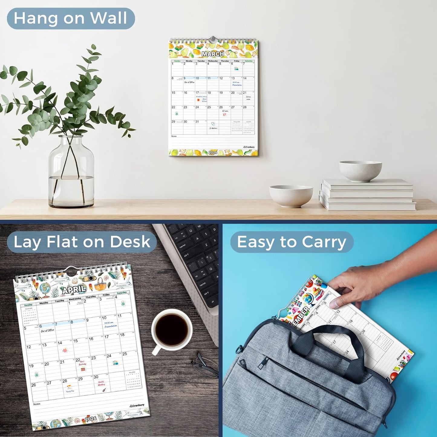 CRANBURY Small Wall Calendar 2026, 8.5x11 Vertical Calendar (Seasonal), Hanging or Desk, Starts Now and Runs Through Dec 2026, Monthly Planner for Home, School & Office, Includes Stickers