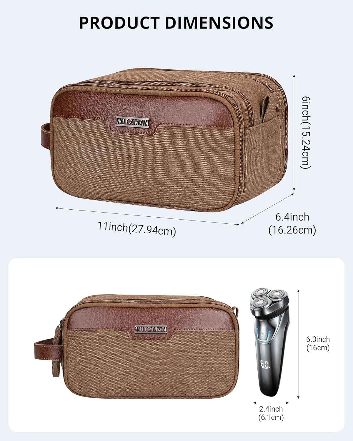 WITZMAN Canvas Toiletry Bag for Men Large Capacity Hanging Dopp kit for Men Leather Toiletries Water-resistant Bathroom Bag(A8002 Brown)