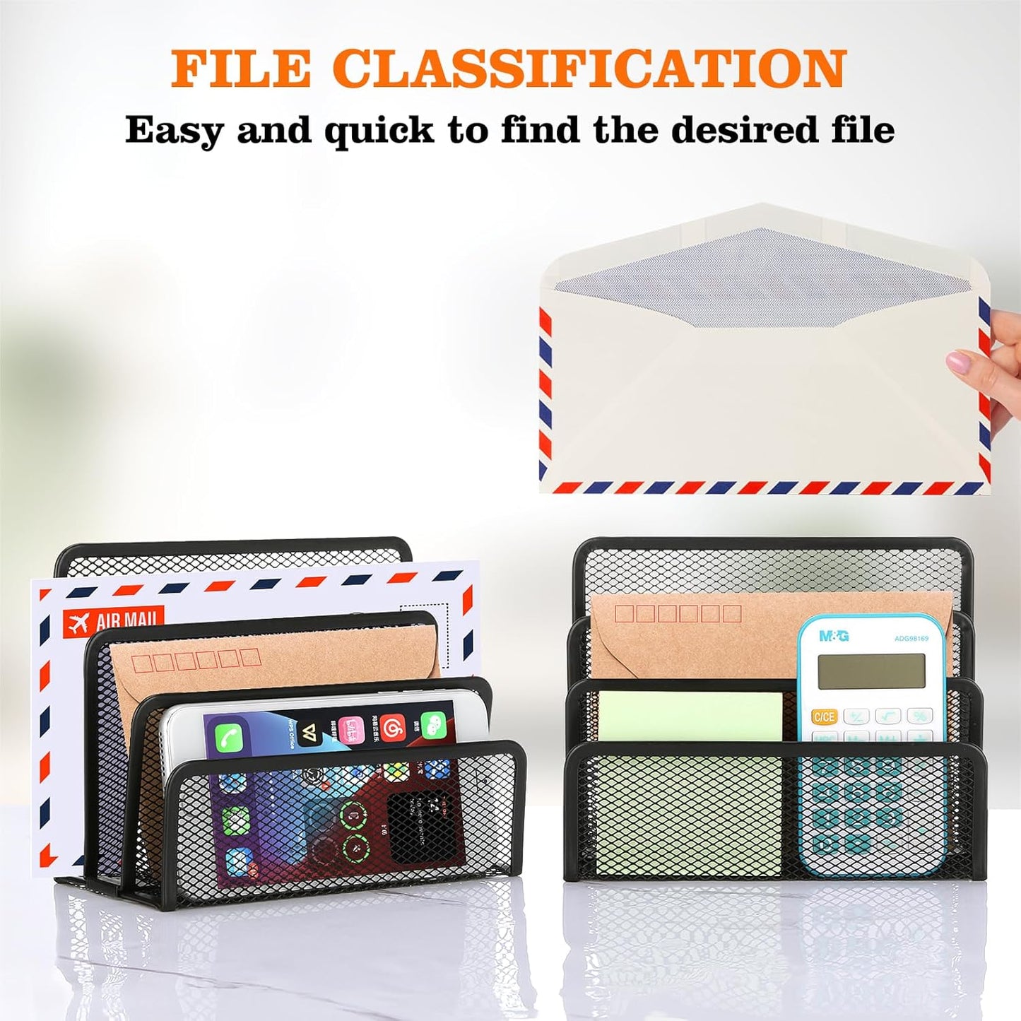 2 Pieces Desk Mail Organizer, Metal Mesh Small File Holders Letter Organizer, Bill/Document/Filing/Folders/Paper Organizer for Desktop (BLACK-2PCS)