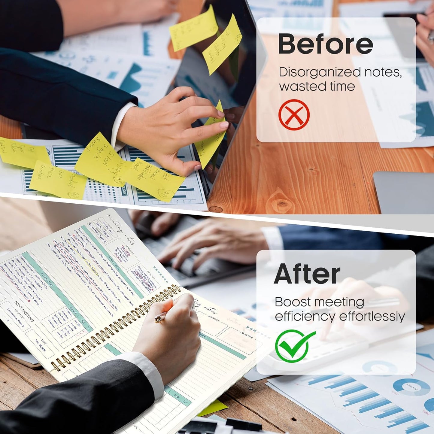 6 Pack of Meeting Notebook for Work Organization - Work notebook with action items, Meeting Minutes Planner Notebook, Perfect Office Supplies for Men & Women - Green