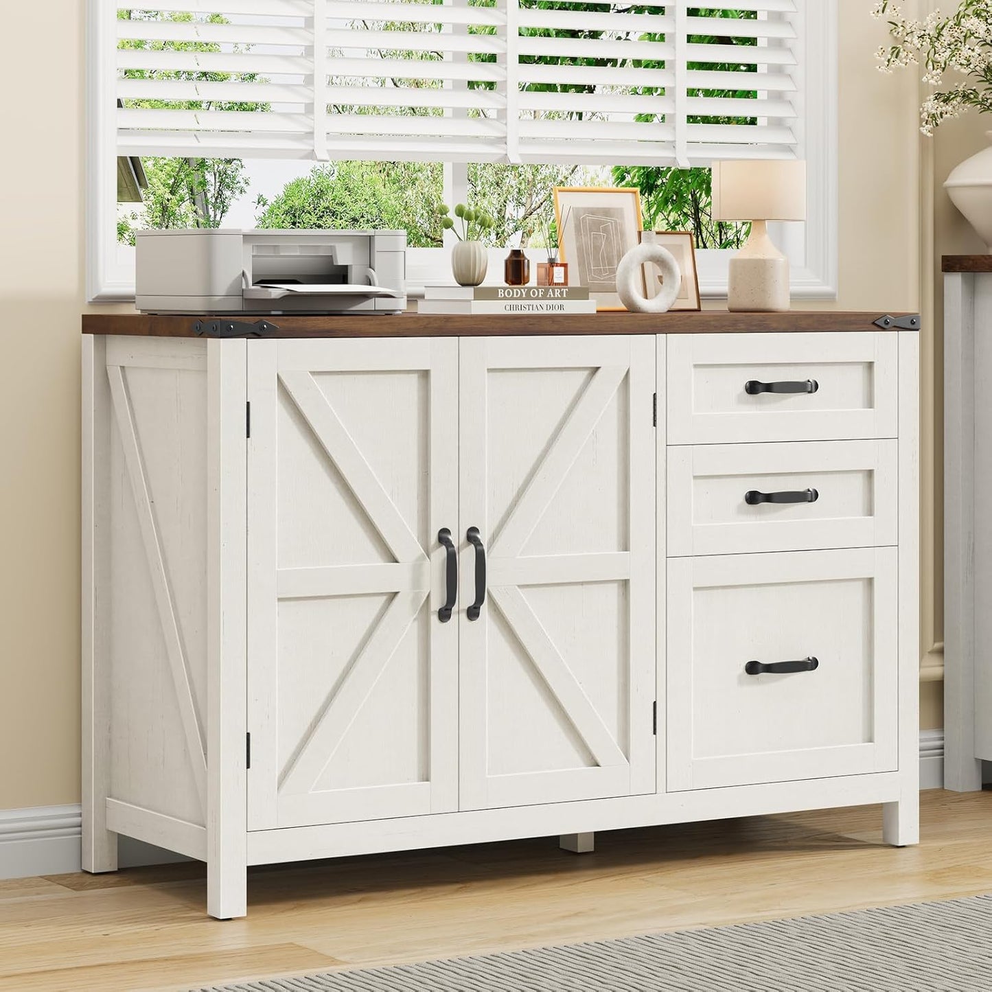 3 Drawer File Cabinet, Farmhouse Lateral Filing Cabinet with Doors for Letter/A4 Size Hanging Files, Large Wood Storage Cabinets Printer Stand with Adjustable Shelf for Home Office, White and Brown