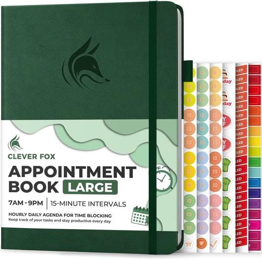 Clever Fox Appointment Book – Hourly Schedule Planner with 15-Minute Increments – Time Box Planner for Daily Work & To-Dos – Weekly & Monthly Spreads, Undated, Hardcover, 8.3x11″ (Dark Green)