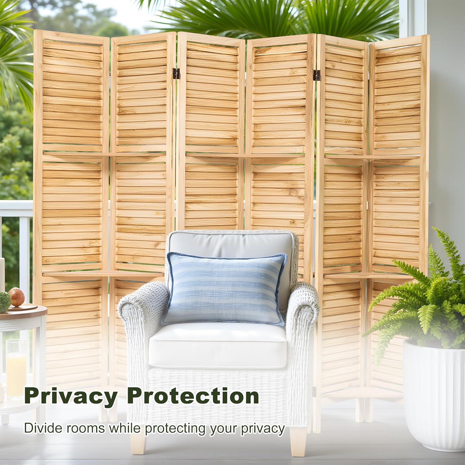 NicBex 6 Panel Room Divider,5.6FT Wood Carved Room Dividers with Display Shelves Folding Privacy Screens Portable Freestanding Partition Wall Dividers for Room Separation, Bedroom Office,Natural Wood - Lumora Desk