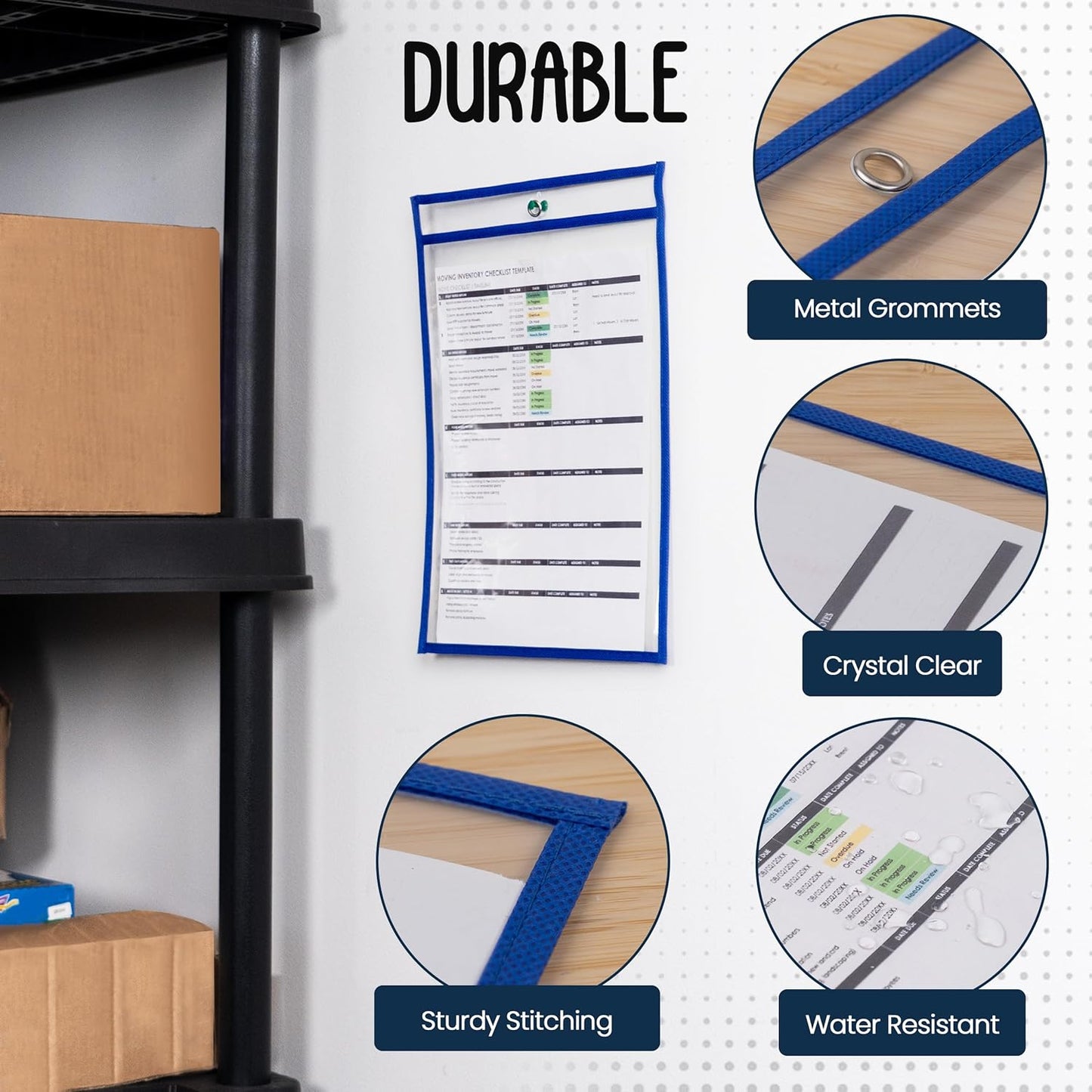 Essex Wares - 5 Pack, Blue, Job Ticket Holders, 10" Wide x 13.5" Tall - Clear Plastic Shop Ticket Holders - Easy to Use, Reusable & Easy Erase Plastic Invoice Holders, Water-Resistant & Durable