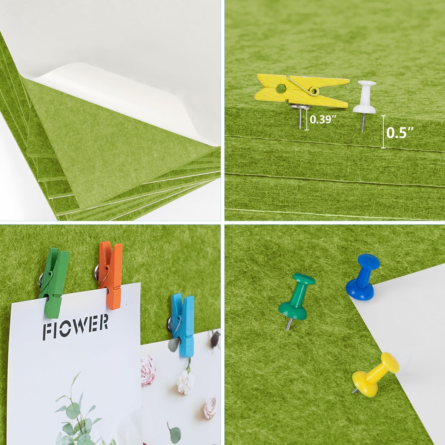 AKTOP Cork Bulletin Board 12x12, 1/2" Thick Felt Cork Board Tiles 6 Pack, Small Square Pin Board for Wall, Self Adhesive Corkboards with 60 Push Pin Wood Clips for School, Home & Office, Green - Lumora Desk