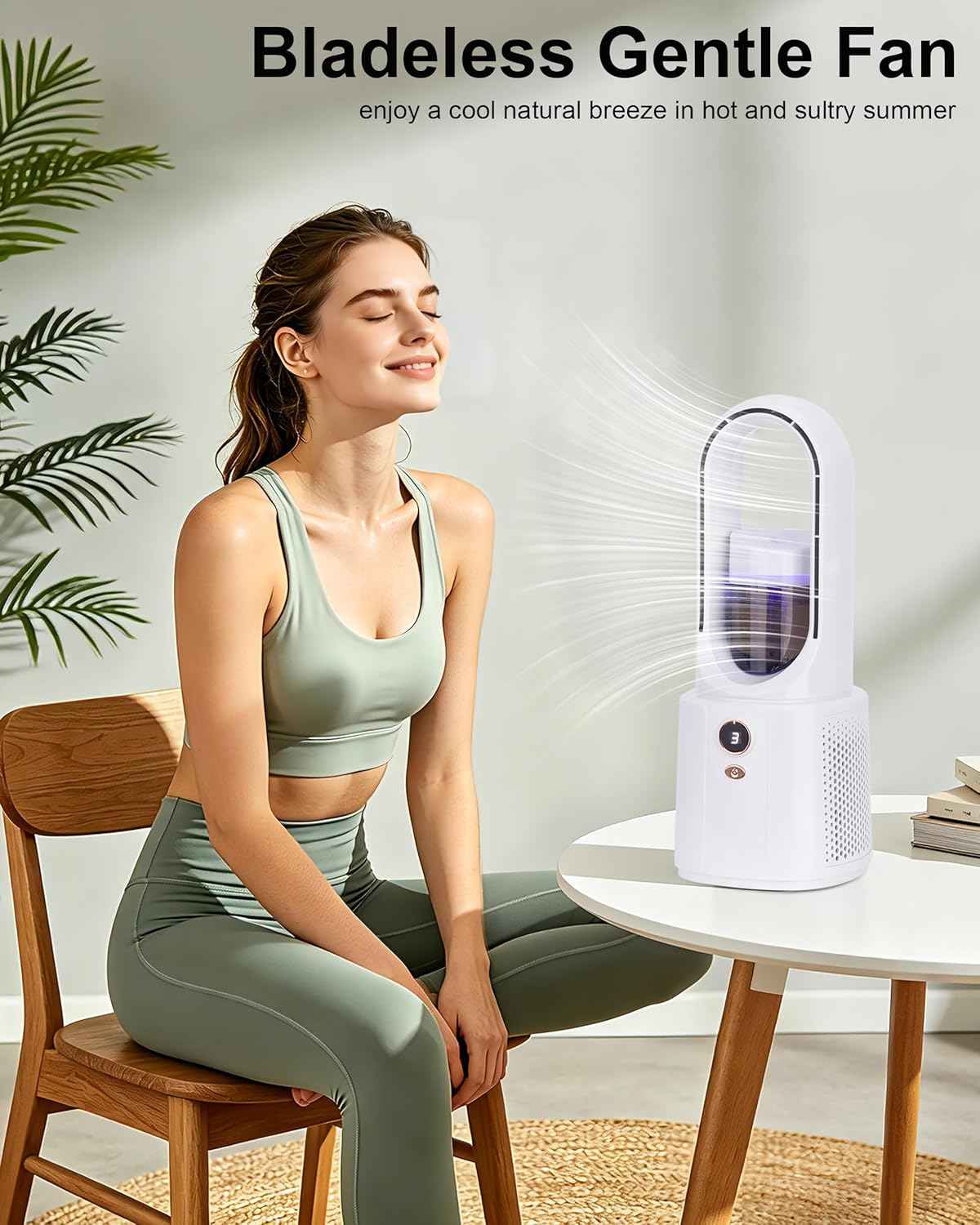 Bladeless Desk Fan, Small Desk Fan with Cooling Mist Humidifier for Bedroom Office, Small Table Fan with 5 Speeds, Touch Control, Easy to Clean