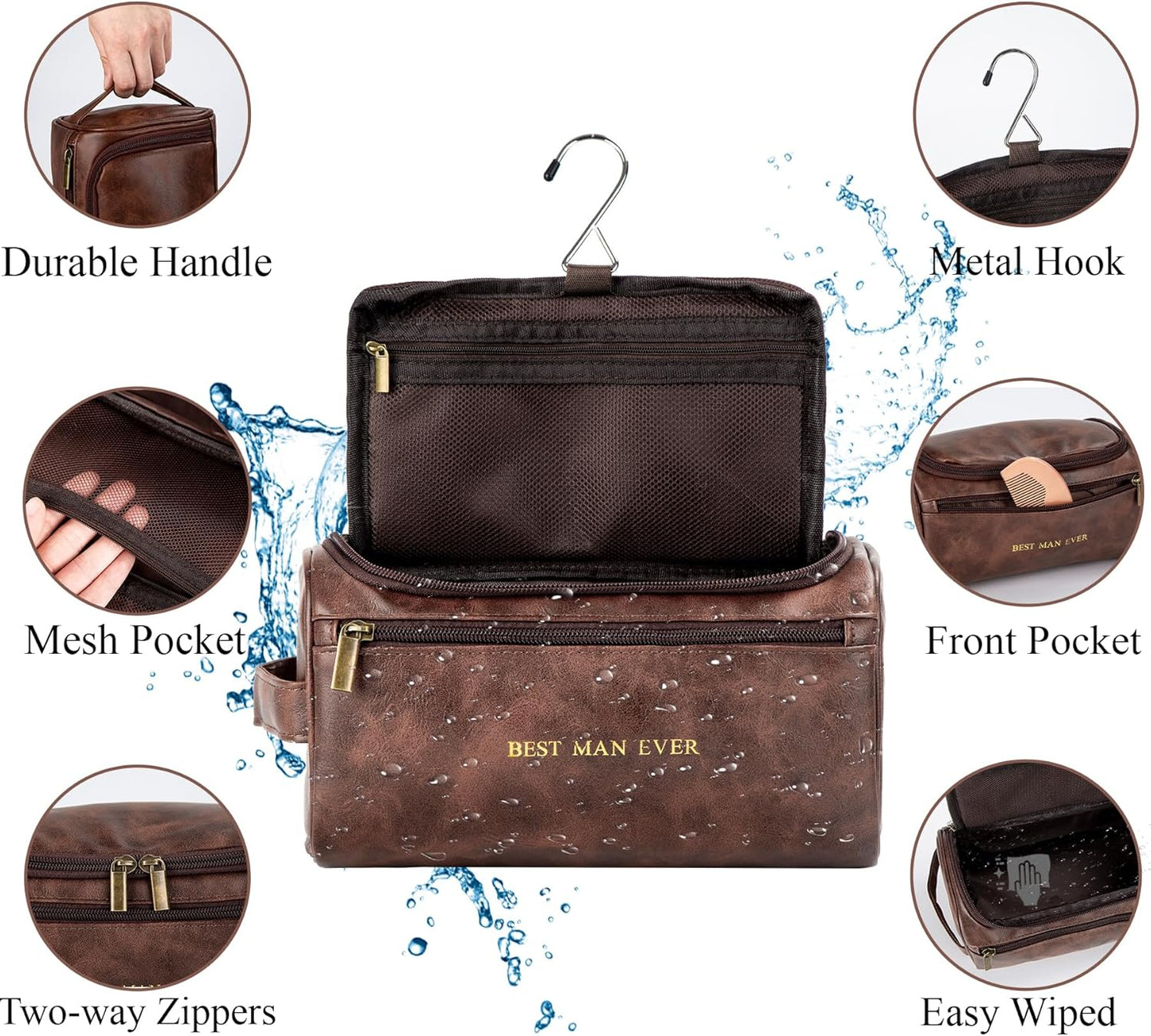 Mens Toiletry Travel Bag Groomsmen Father Dad Mens Leather Toiletries Grooming Bag for Men Shaving Bag Hanging Water Resistant Organizer (Brown)