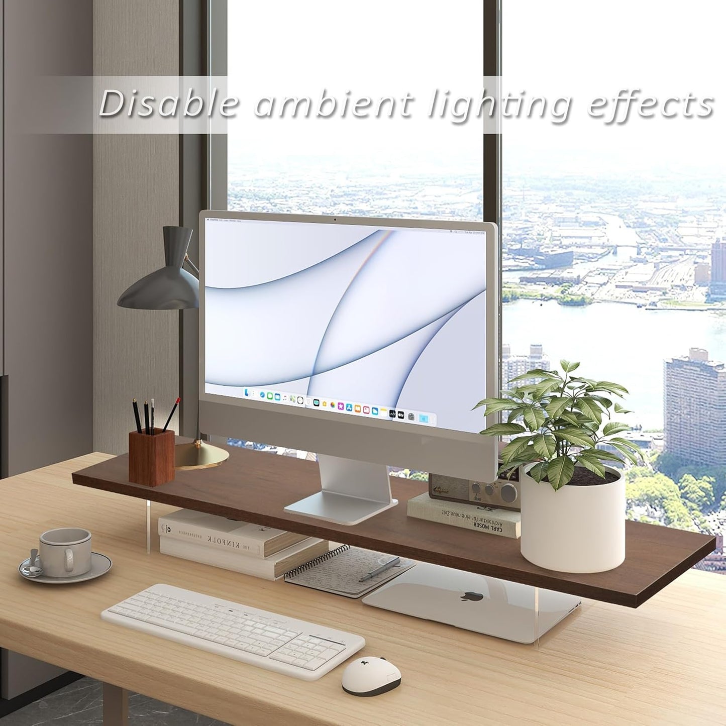 Monitor Stand Riser,Wood & Acrylic Computer Monitor Stand with LED Light,Desk Accessories Desktop Organizer Stand for Computer,Laptop,Printer,PC & TV Screen
