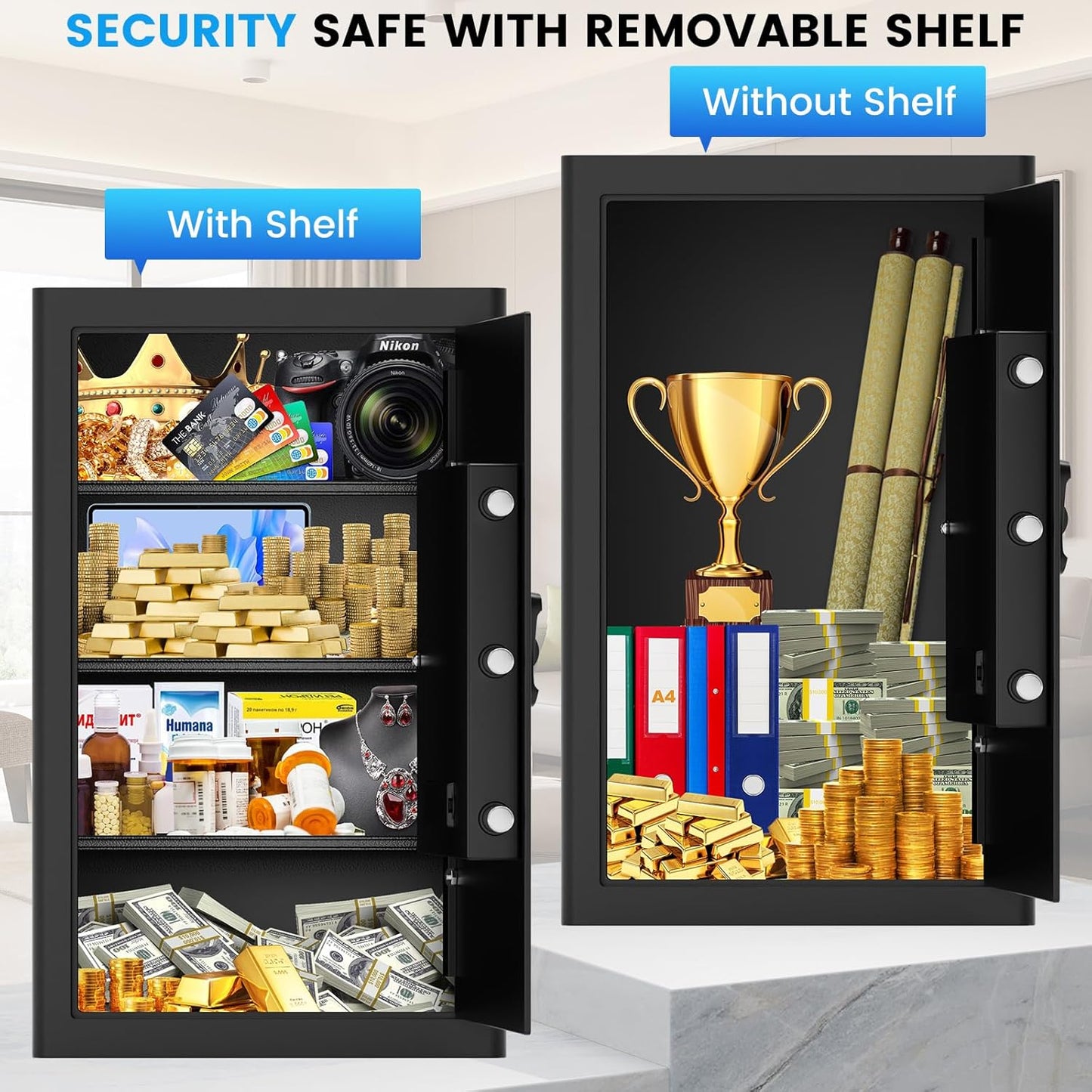 6.0 Cuft Large Home Safe Fireproof Waterproof, Anti-theft Fireproof Safe Box with Combination Lock, Alarm Systerm and Removable Shelf, Digital Document Fire Safes for Home Money Valuables