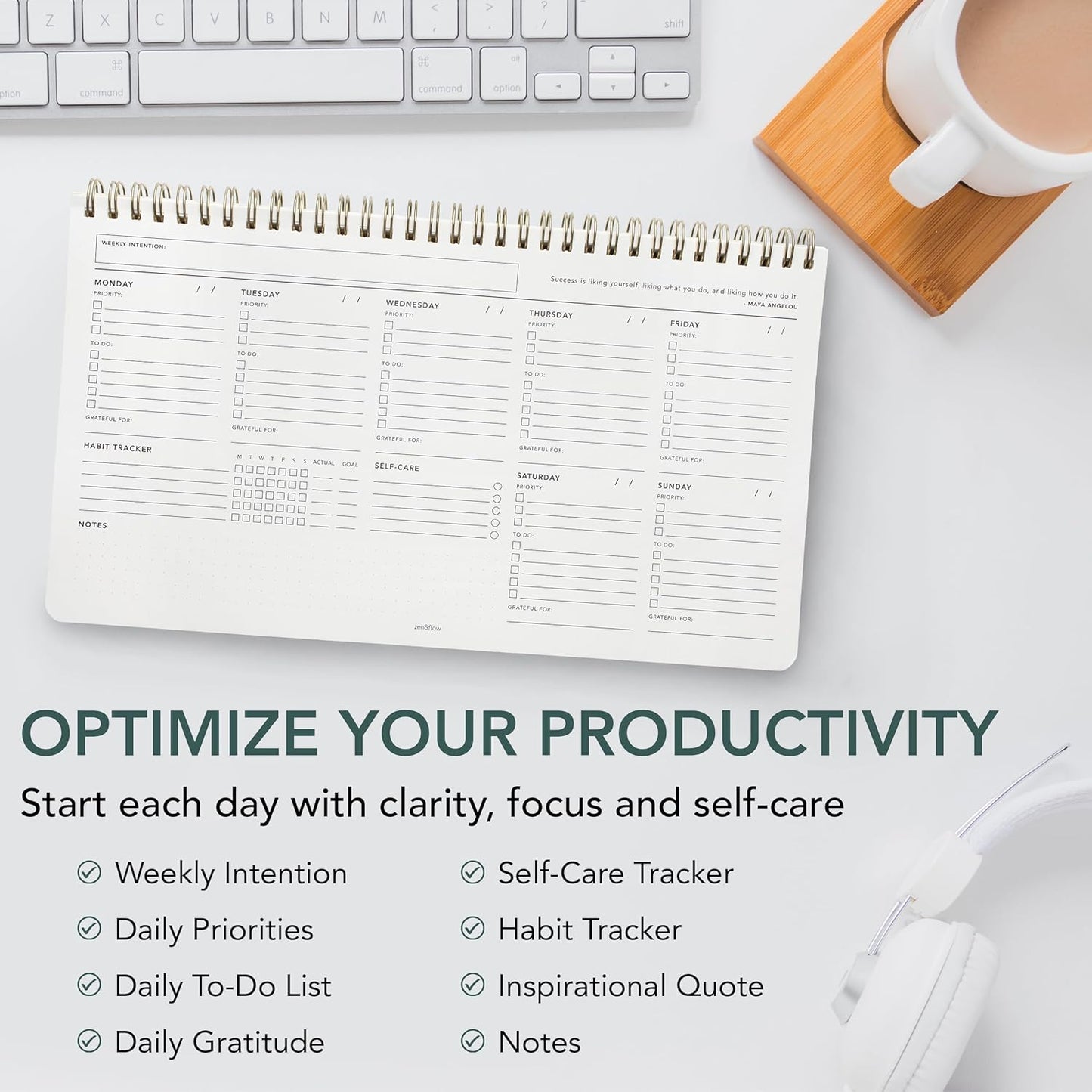 Zen & Flow - Undated Weekly Planner, Dashboard Desk Pad, To Do List Notepad, Productivity, Habit Tracker, Desk Notepad, Dashboard Planner