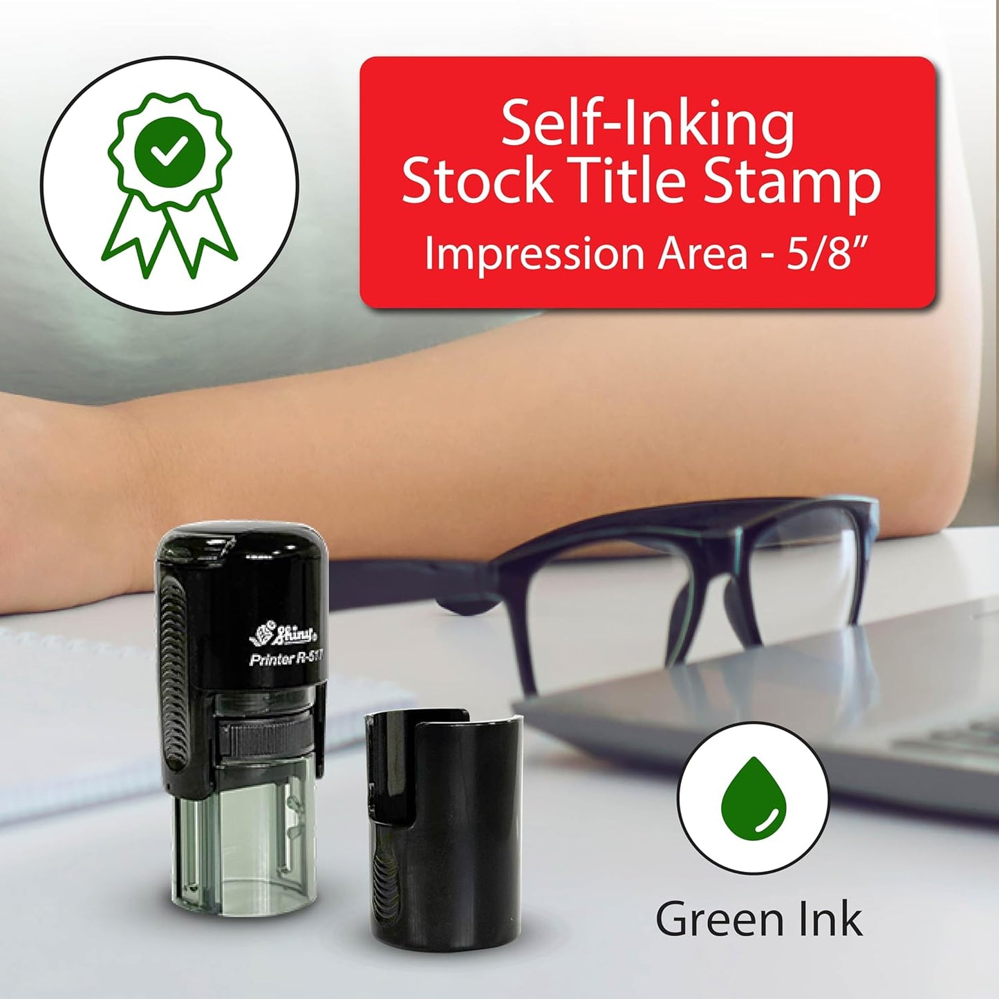 Shiny Ribbon Teacher Stamp, Round Self Inking Stamp for Classroom, Green Ink