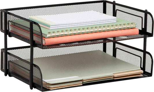 Mind Reader 2-Tier Stackable Paper Tray, Desktop Organizer for Letter-Size Documents, Office File Storage, Metal Mesh, Set of 2, Black