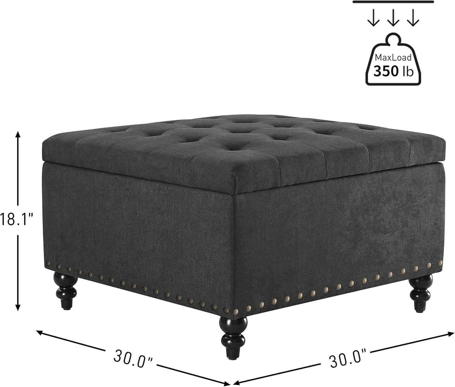HUIMO Square Storage Ottoman, Large Ottoman Coffee Table for Living Room (Dark Grey)