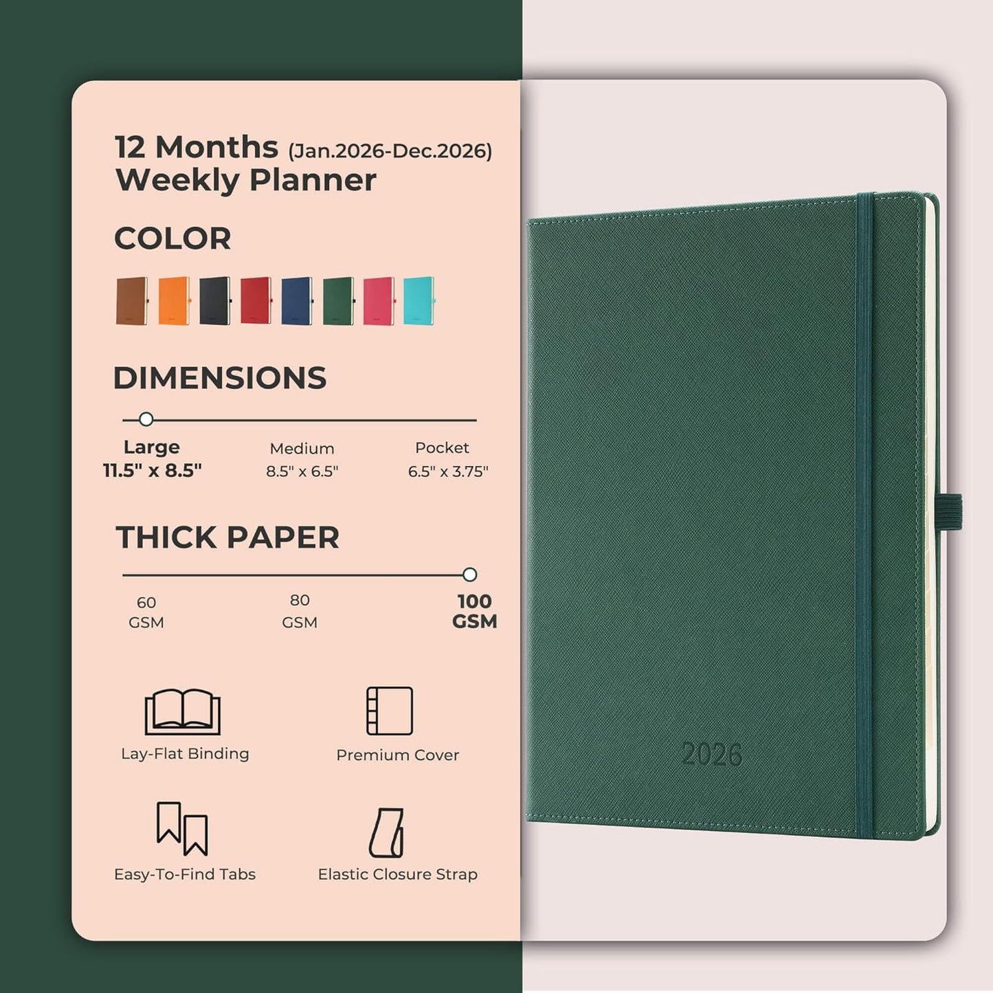 IN-LUXPRO Weekly Monthly 2026 Planner (Jan.26-Dec.26),11.5"x8.5",12 Months Agenda Plan with Month Tabs & Pocket,Expenses/Note Pages, Appointment Book Calendar with Hardcover Vegan Leather Cover,Green