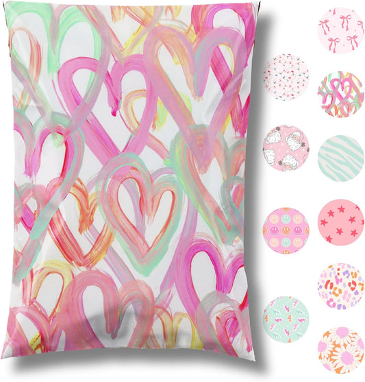 6x9 Designer Poly Mailer 100 Pack Heavy Duty Waterproof Self Seal Shipping Bags for Small Business Large Mailing Envelopes Bulk Tear Resistant Cute Packaging Happy Hearts