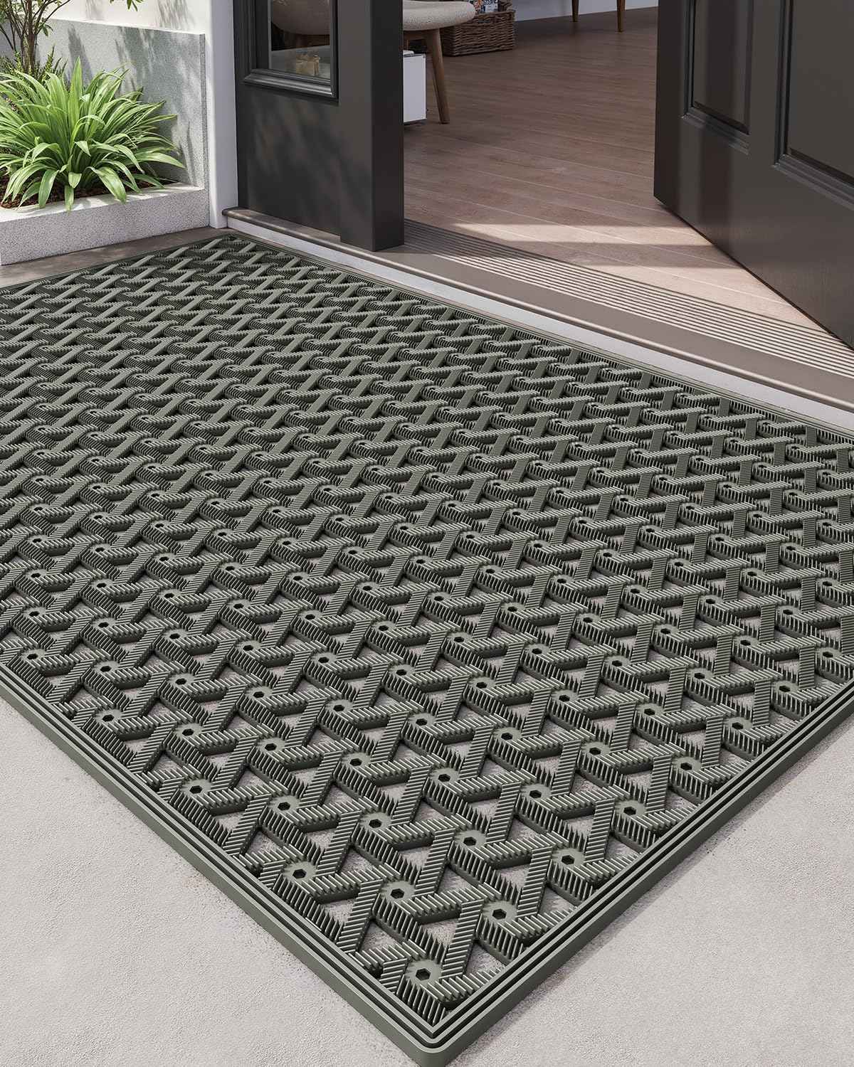 DEXI Front Door Mat Outside Entrance Rubber 32x48, Welcome Floor Doormat Heavy Duty Non Slip, Dirt Trapper Waterproof Exterior Entry Mats All Weather for Patio Entryway Drainage, Grey
