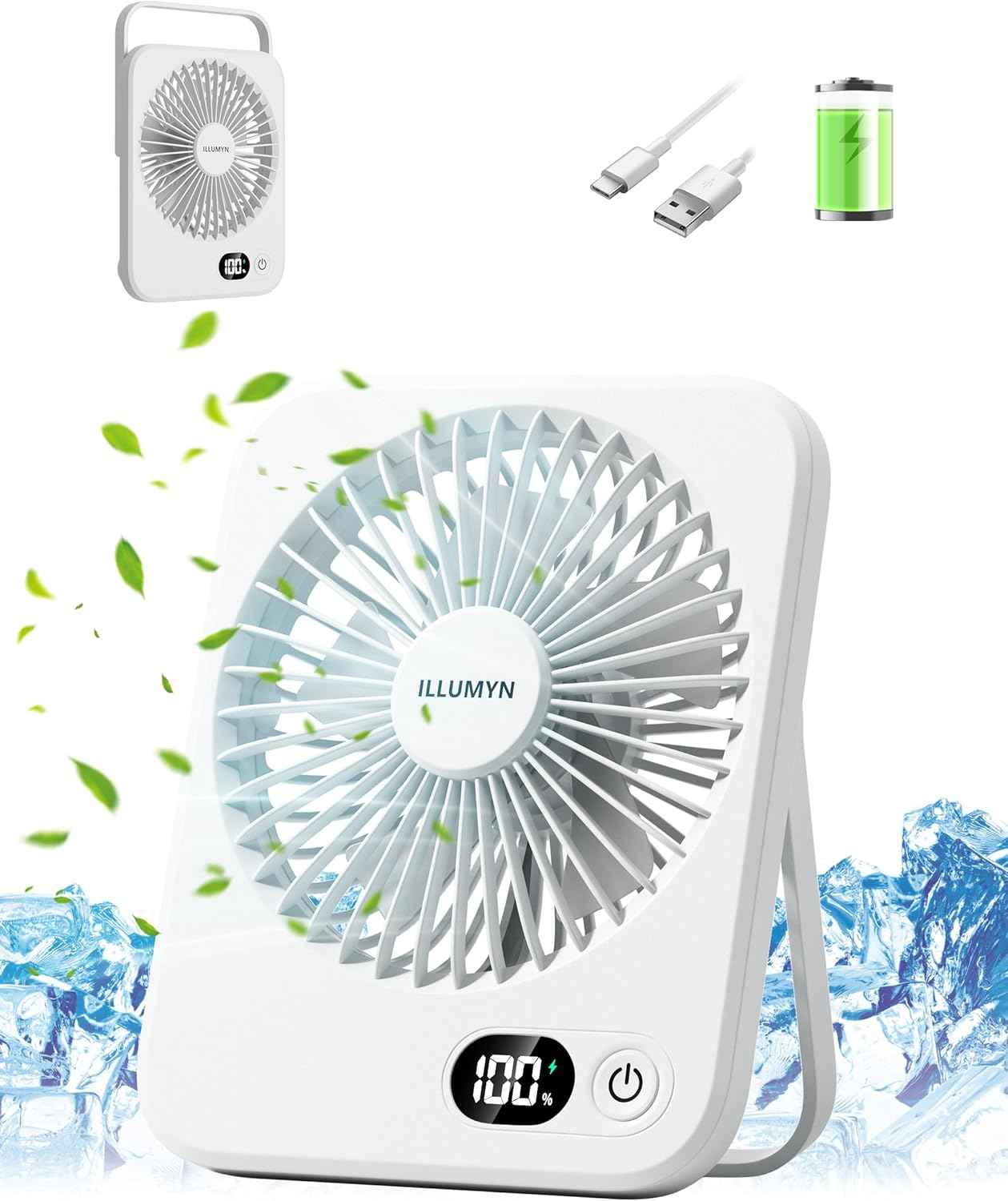Desk Fan Rechargeable, Portable Battery Desk Fan for Office Bedroom Bedside, Ultra Silent USB Fan with Strong Airflow, Tilt Folding Fan for Travel, 5-Speed with 2600mAh Battery & LCD Display