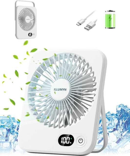 Desk Fan Rechargeable, Portable Battery Desk Fan for Office Bedroom Bedside, Ultra Silent USB Fan with Strong Airflow, Tilt Folding Fan for Travel, 5-Speed with 2600mAh Battery & LCD Display