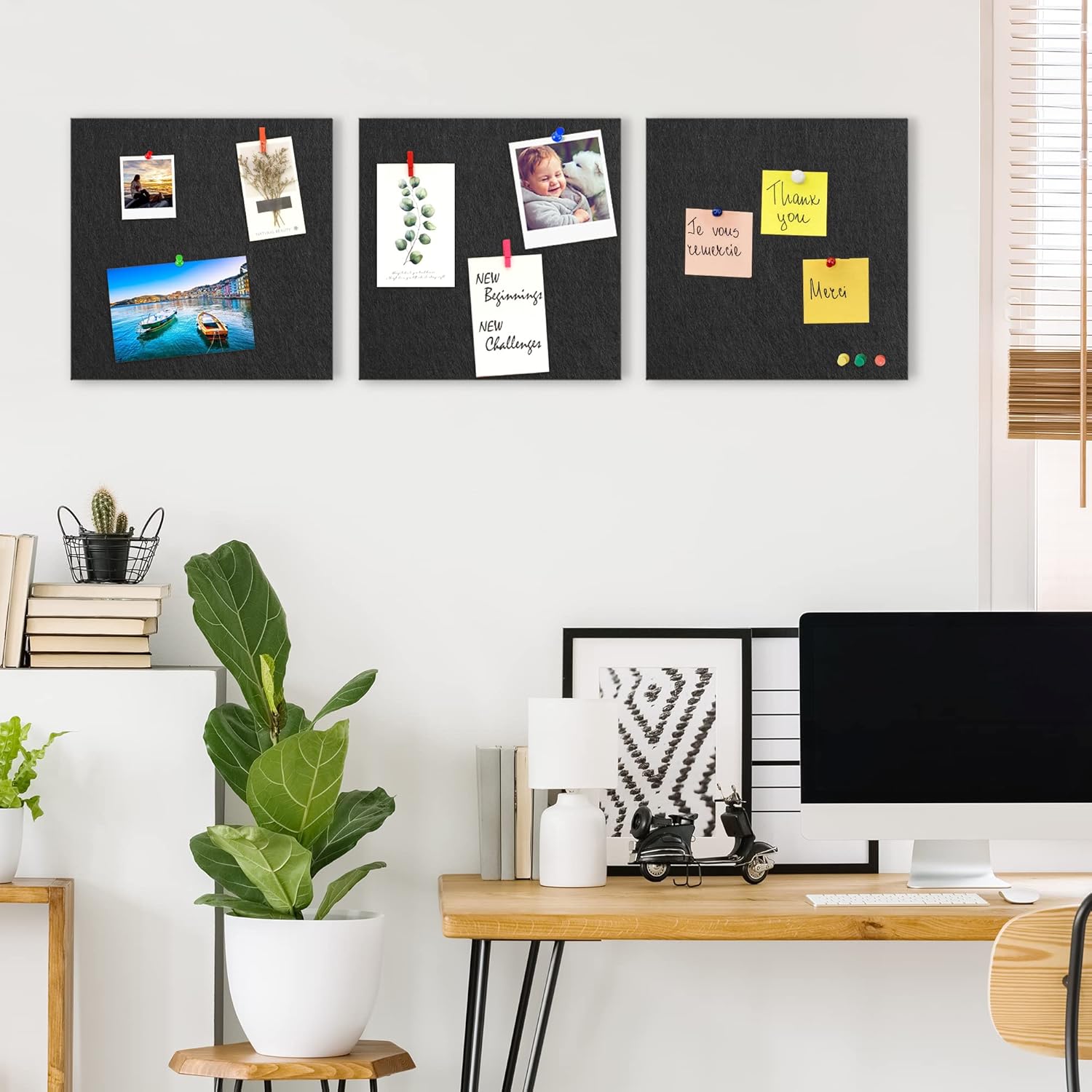 AKTOP Cork Board Bulletin Board 12x12, 1/2" Thick Felt Cork Board Tiles 6 Pack, Small Square Pin Board for Wall, Self Adhesive Corkboards with 60 Push Pin Wood Clips for School, Home & Office, Black - Lumora Desk