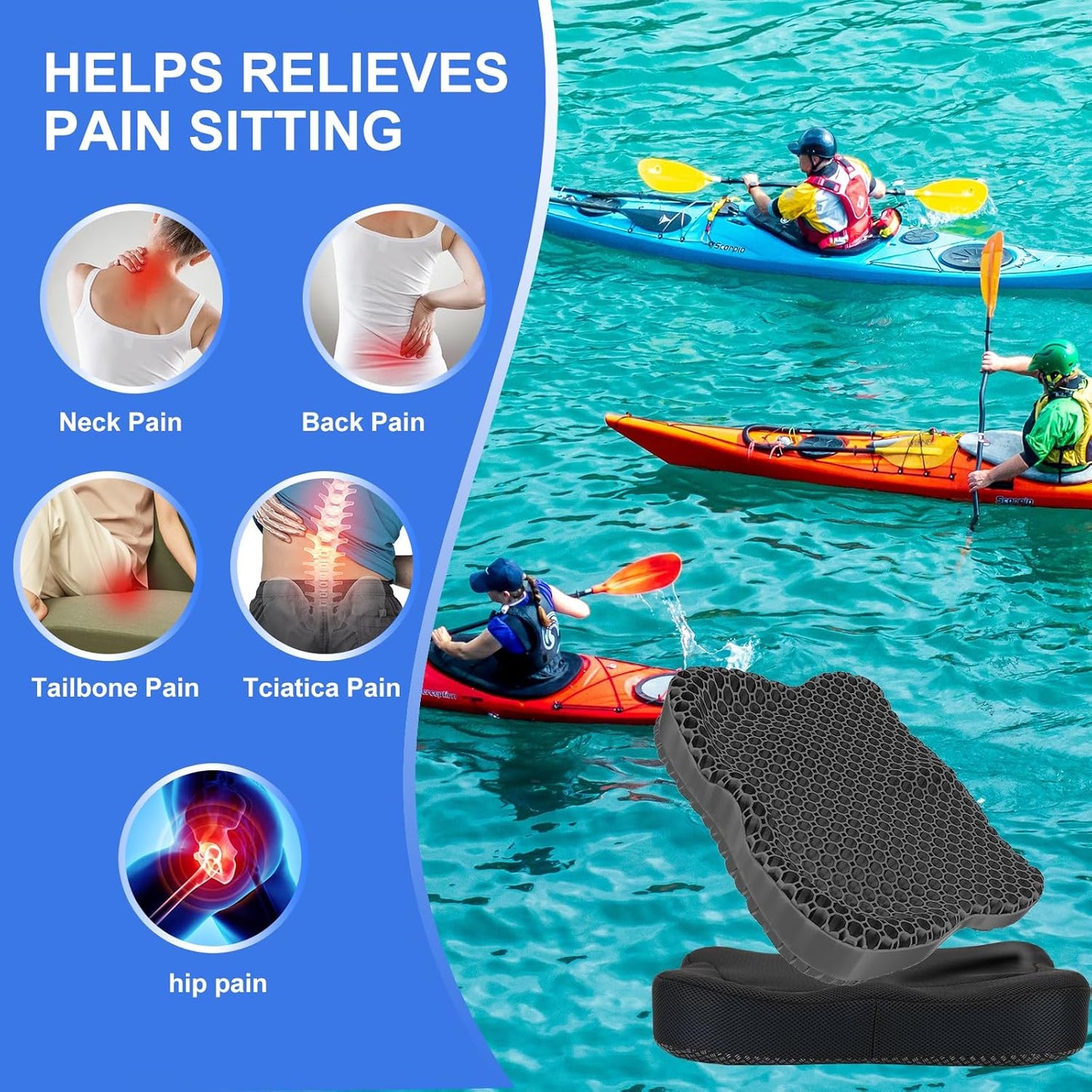 Thicken 19.7in Seat Cushion, Gel Seat Cushion for Long Sitting–Office Chair, Wheelchair, Car Cushion, Large Cooling Pad for Back Pain, Sciatica, Tailbone Pain Relief