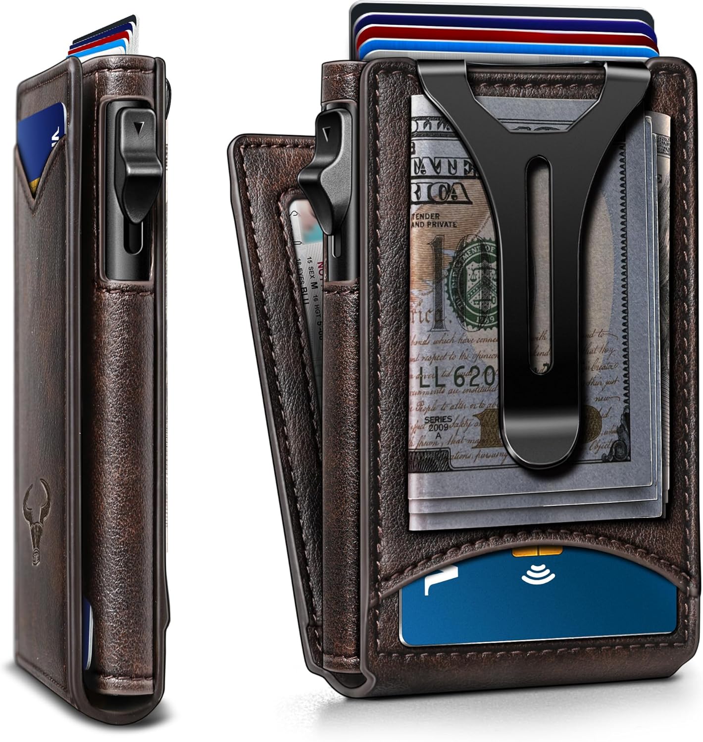BULLIANT Men Wallet,Money Clip Wallet Slim For Gift Men 9Cards-Metal Credit Card Case in Magnetic Leather Flip