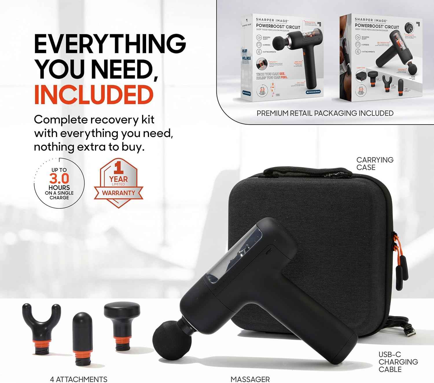 Sharper Image PowerBoost Circuit Massage Gun [2026 Version] Deep Tissue Percussion Massager with 6 Speeds for Back, Shoulders, & Full Body Muscle Pain Relief, with 4 Attachments & Travel Case