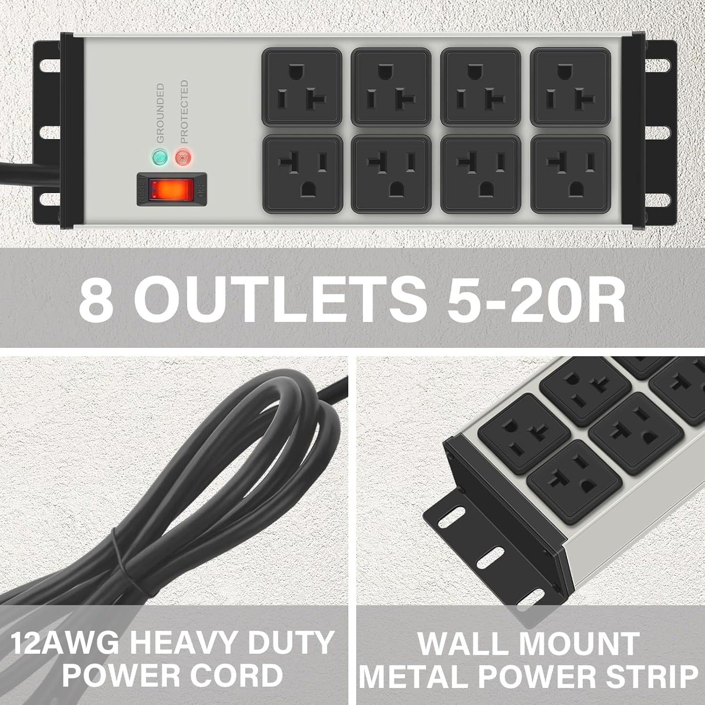 CCCEI Magnetic Heavy Duty Power Strip Surge Protector 20Amp, 12 Gauge High Amp Extension Outlets, Garage Wall Mount 8 Plug Metal Power Strip. 10FT, Grey, 5-15P Adapter 6-20R T-Slot 20a for Appliance