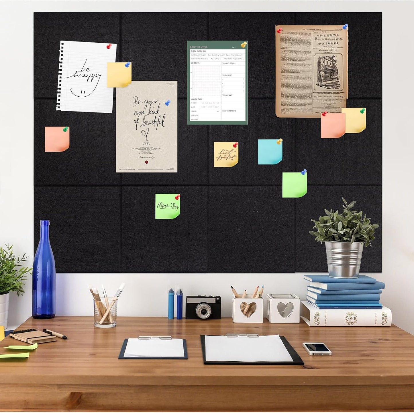 Large Cork Board Alternative, 12 Pack Felt Board with Safe Removable Adhesive Tabs Felt Wall Tiles, Large Cork Boards for Walls, Cork Board for Home Office, Pin Boards for Walls, Black