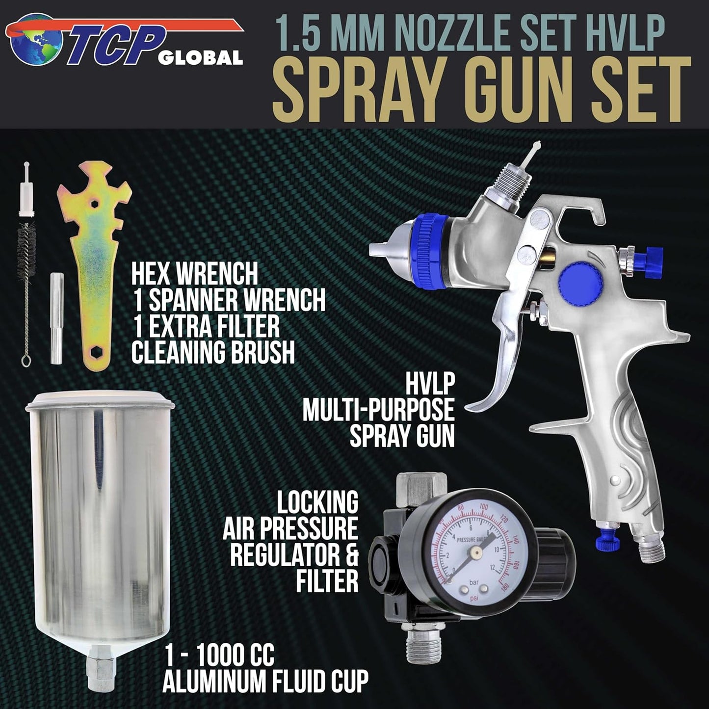 TCP Global Professional HVLP Spray Gun 1.5mm - Gravity Feed Auto Paint Gun Kit for Basecoat, Clearcoat, Primer - Spray Guns Paint Sprayer with Air Compressor Regulator (G6600-13)