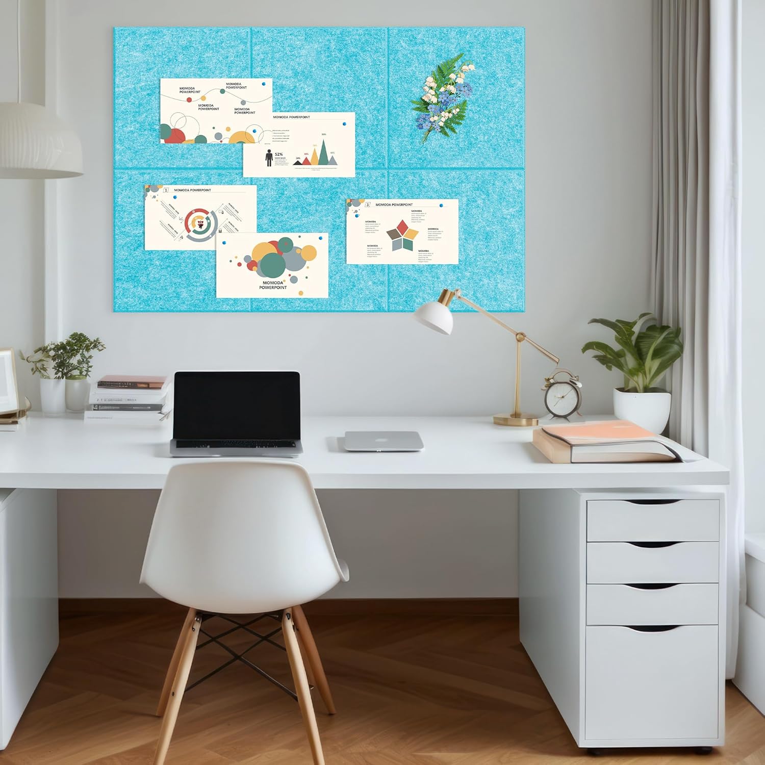 AKTOP Cork Board Bulletin Board 24"x36", 6 Pack Removable Felt Cork Board Tiles for Wall, Large Corkboard Notice Pin Board for Office, School & Home,24 Safe Adhesive Tabs, 20 Push Pins, Baby Blue - Lumora Desk