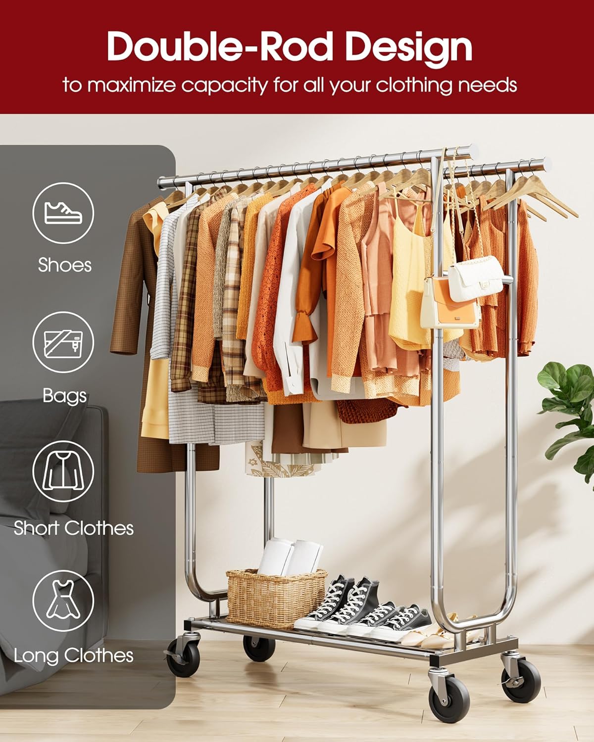 Heavy-Duty Clothes Rack - Double-Rod Stainless Steel Garment Rack with 4-inch Lockable Wheels, Clothing Racks for Hanging Clothes in Bedroom, Laundry Room, 43.3"×16.5"×61.0", Silver - Lumora Desk