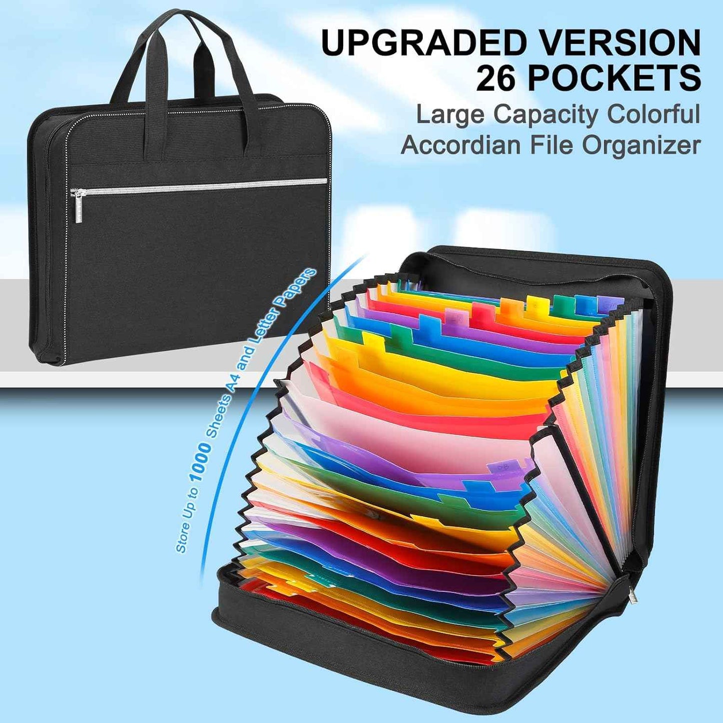 26 Pockets Expanding File Folder with Handle & Zipper, Portable A4/Letter Size Accordion File Organizer, Waterproof Document Organizer Bag for Office, School, Business Travel, Home - Black