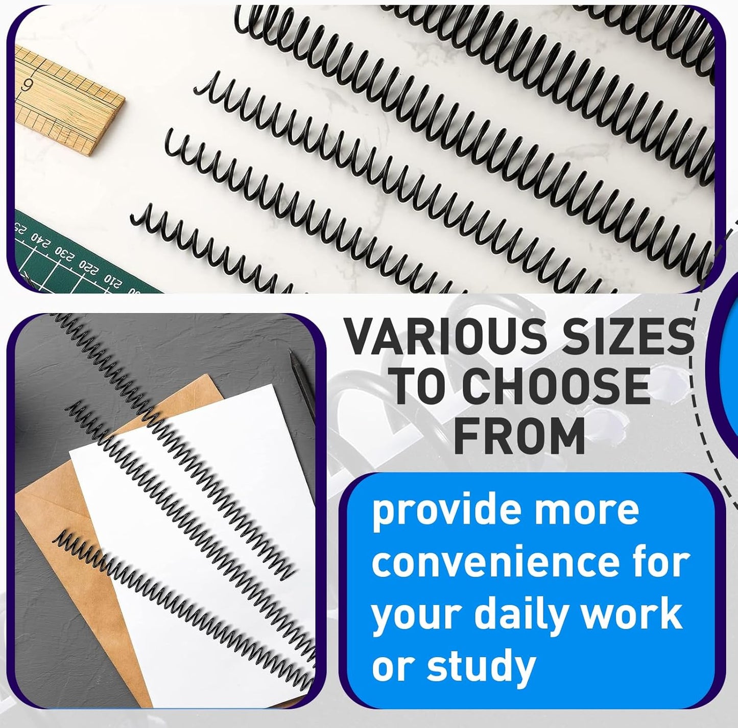 150 Pack Spiral Binding Coils, 4:1 Pitch Plastic Binding Coils Kit, 6 Different Sizes Spiral Coils for Binding 1/4", 5/16", 3/8", 1/2", 5/8", 3/4", Black Binding Spirals