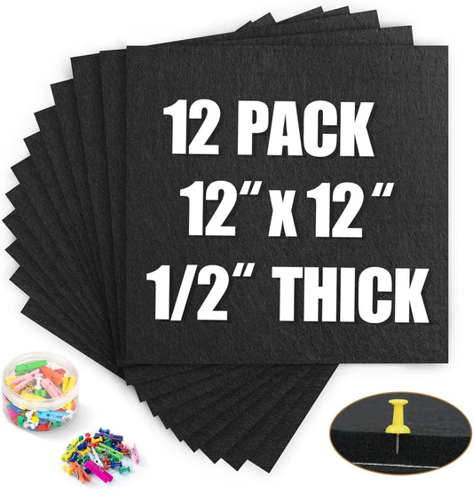 AKTOP Black Cork Bulletin Board 12x12, 1/2" Thick Felt Cork Board Tiles 12 Pack, Small Square Pin Board for Wall, Self Adhesive Corkboards with 120 Push Pin Wood Clips for School, Home & Office - Lumora Desk