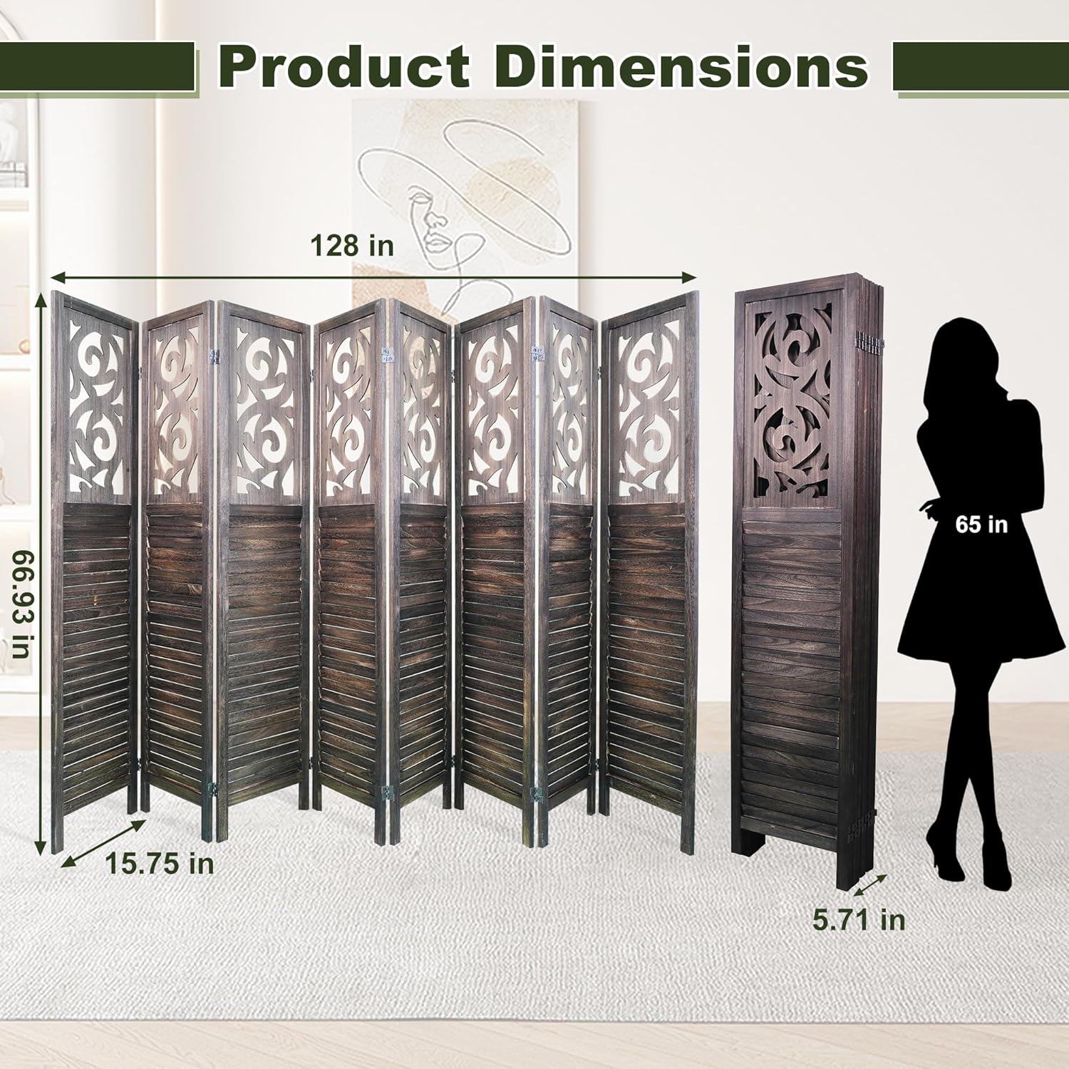 NicBex 8 Panel Room Divider,5.6FT Wood Carved Room Dividers,Folding Privacy Screens Portable Freestanding Partition Wall Dividers for Room Separation,Home Bedroom Office,Rustic Brown - Lumora Desk