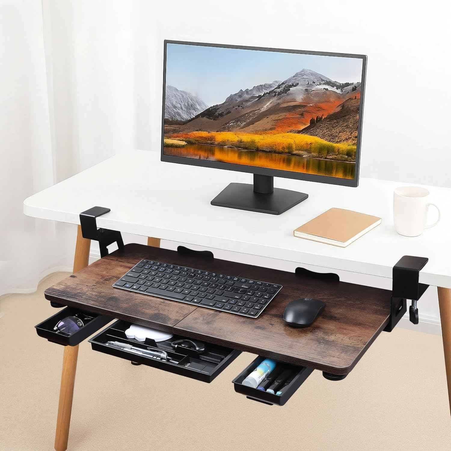 Large 26.77" Keyboard Tray Under Desk with Storage Drawer - Heavy Duty C-Clamp Mount, Ergonomic Computer Keyboard Stand for Home Office, Easy Install (Mahogany)