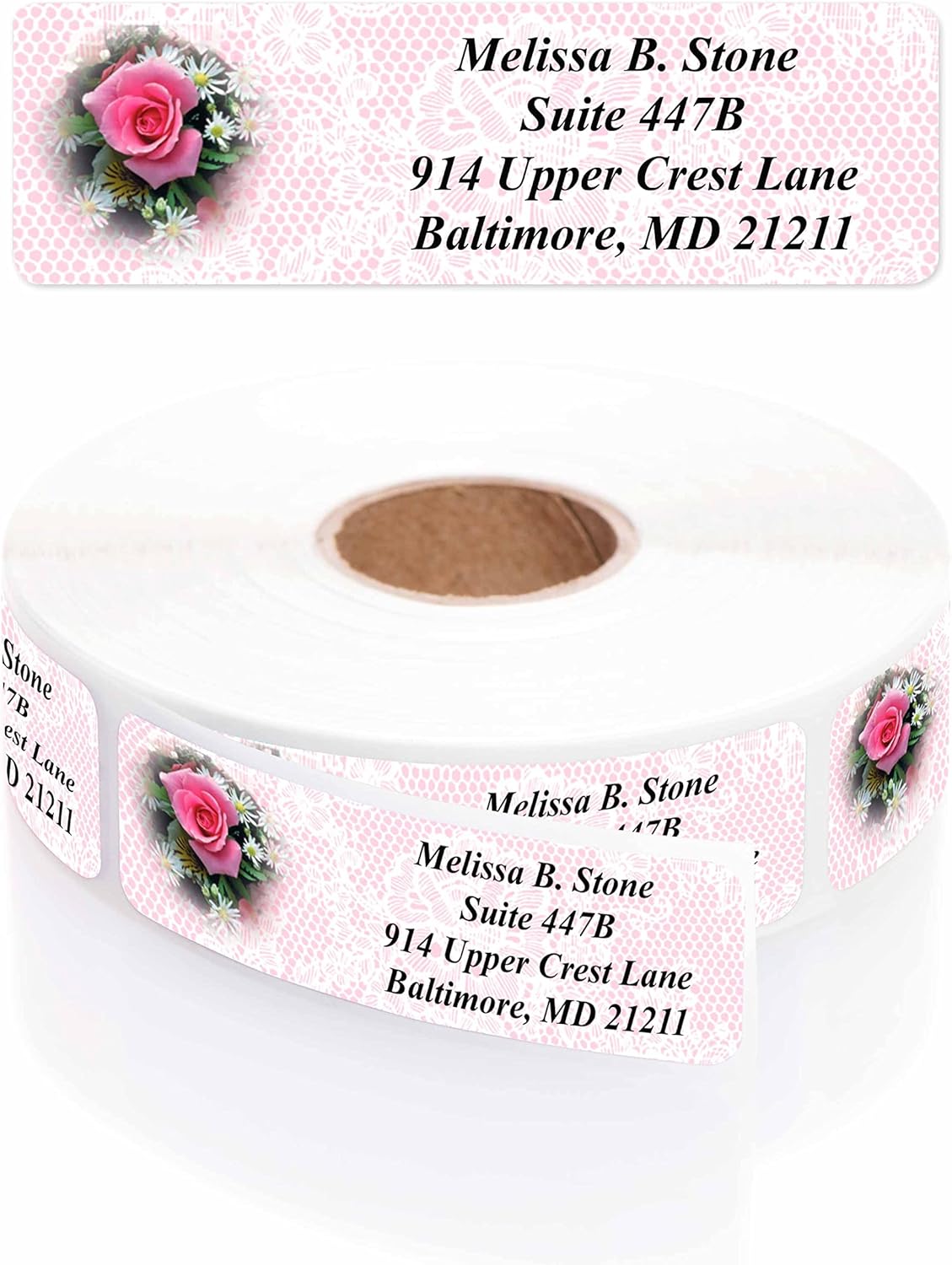 Romantic Rose Designer Rolled Address Labels with Elegant Plastic Dispenser - Lumora Desk