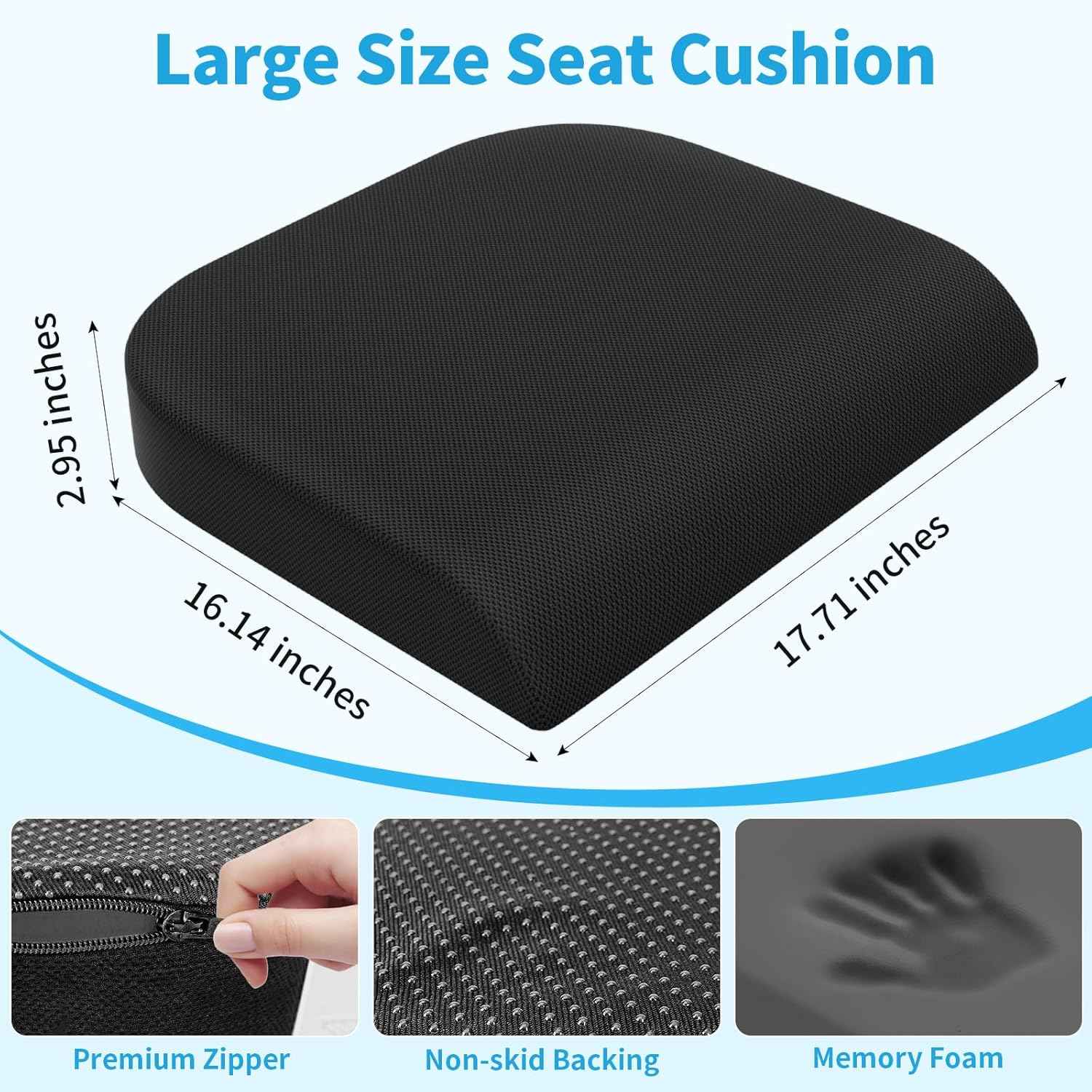 TranquilRelax Large Seat Cushion, Memory Foam Cushion for Long Sitting Hours on Office Chair, Car Seat, Non-Slip Chair Pad for Sciatica, Coccyx, Tailbone Pain Relief & Post-Surgery Recovery (Black)