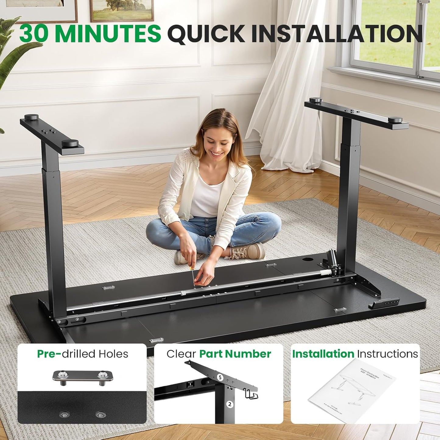 Electric Standing Desk Adjustable - 60x28 Inch Sit Stand Desk with 1 Inch Thick Tabletop, Double Beam Frame, 3 Memory Height Adjustment, Cable Management for Home Office