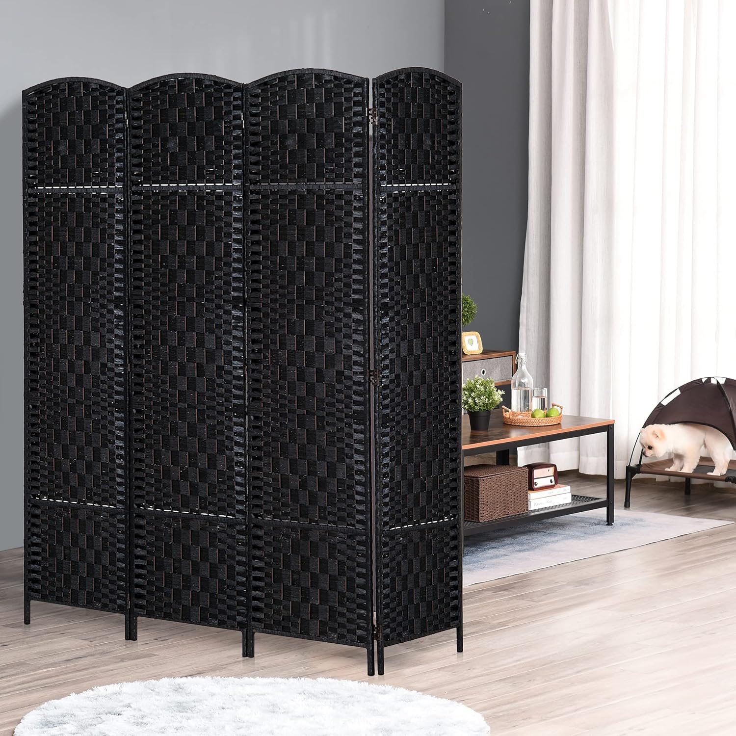HOMCOM Room Divider 4 Panels Folding Privacy Screen 6FT Tall Portable Wicker Weave Partition Wall Divider for Bedroom Home Office, Black - Lumora Desk