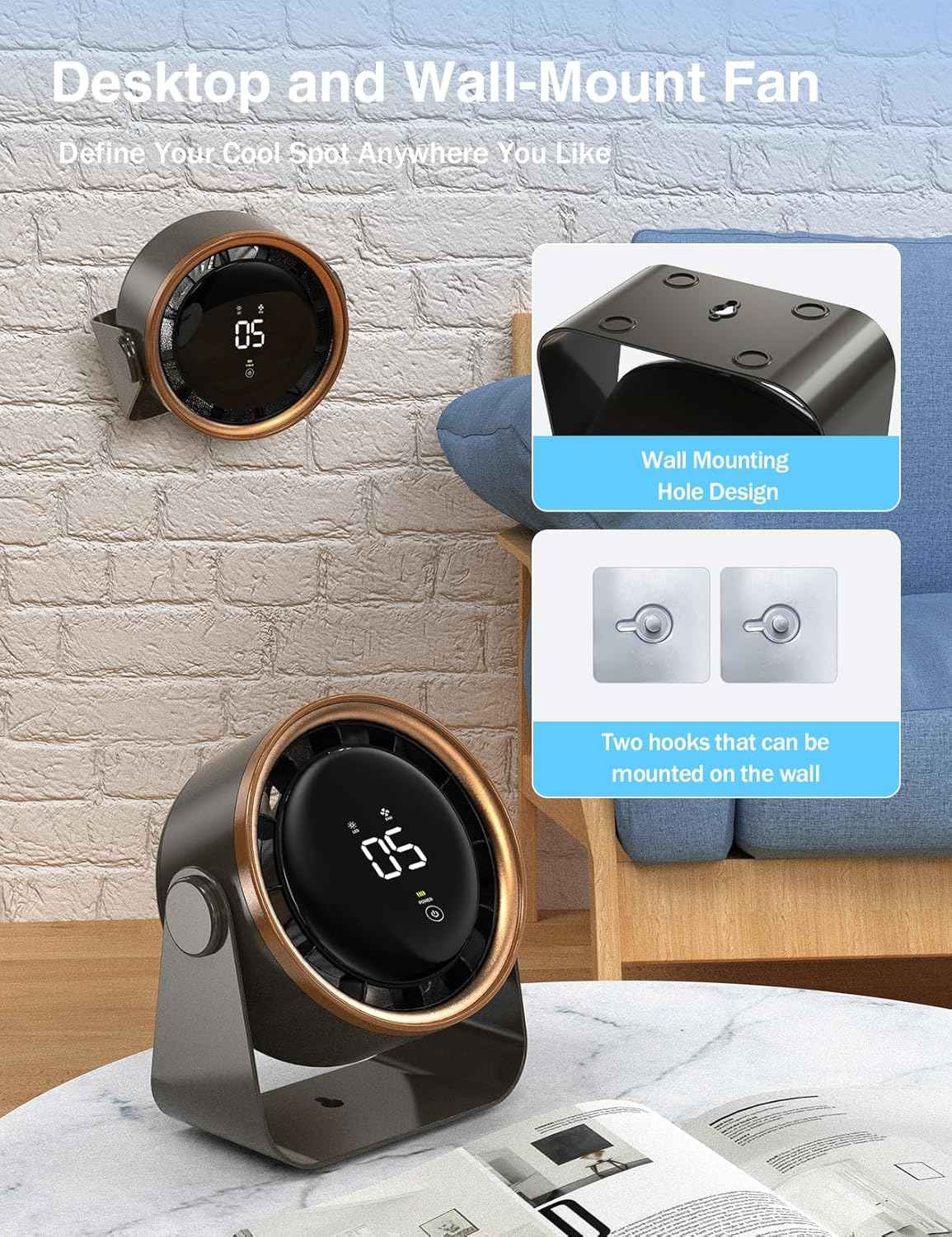 Small Desk Fan, Ultra-Quiet Desktop Air Circulator, Touch Screen Control, Multi-Speed Desktop Fan with LED Light, Quiet Table Fan for Bedroom, USB Rechargeable Small Fan for Desk(Grey)