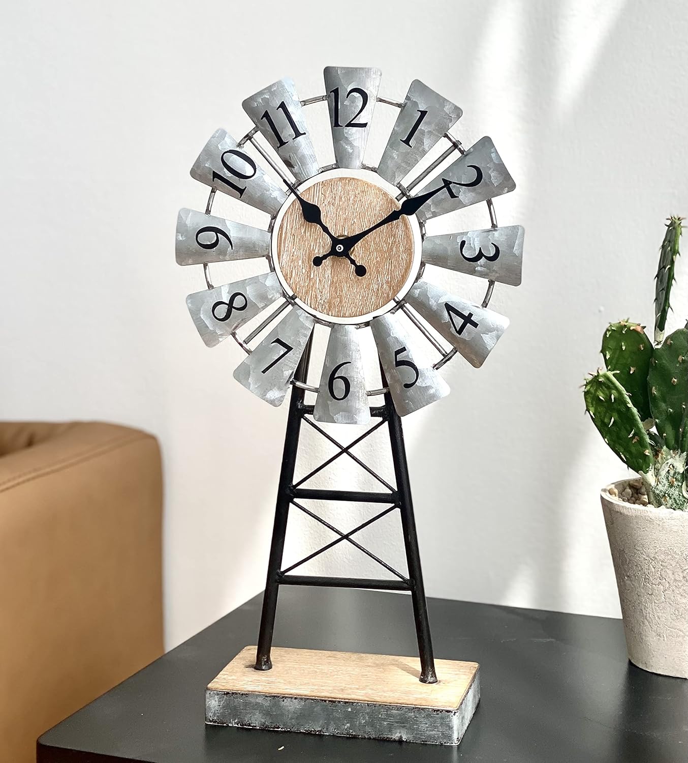 MODE HOME Farmhouse Windmill Desk Clock - 15.75 Inch Galvanized Metal Table Clock with Blades, Small Decorative Office Clock, Battery Operated Rustic Farmhouse Clock for Tabletop & Shelf Decor