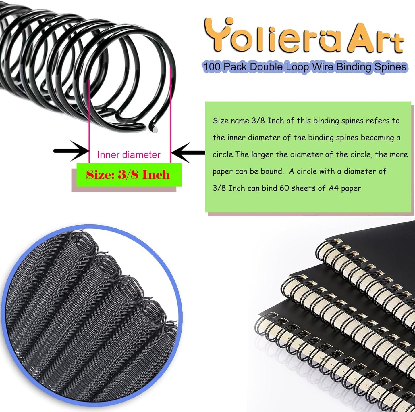 3 to 1 Pitch Twin Loop Wire Binding Spines, 3/8 Inch Book Binder Combs, 100 Pack Spiral Binding Coils for Booking Binder Machine, Students and Coworkers (60 Sheet Capacity, Black)